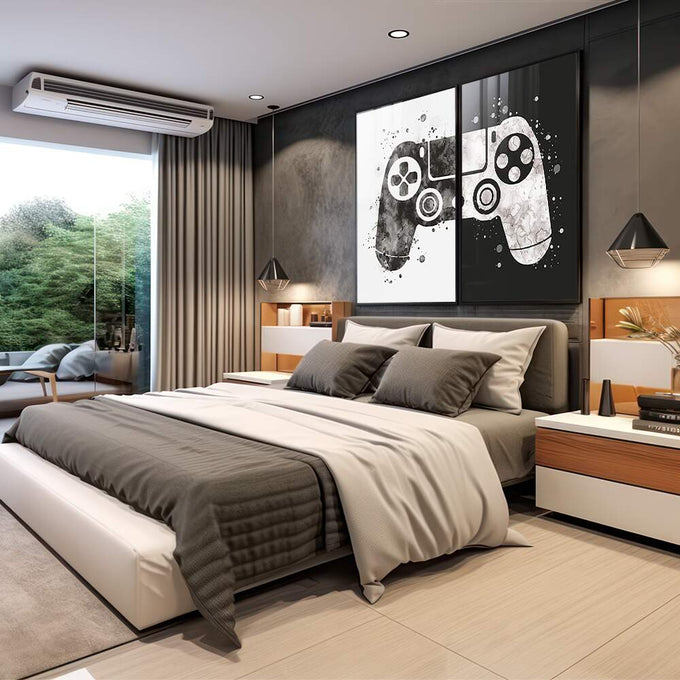 Quadro Decorativo Gamers em Ação: Exclusividade Visual - quadros decorativos 2 Telas, abstrato geométrico - em sala moderna