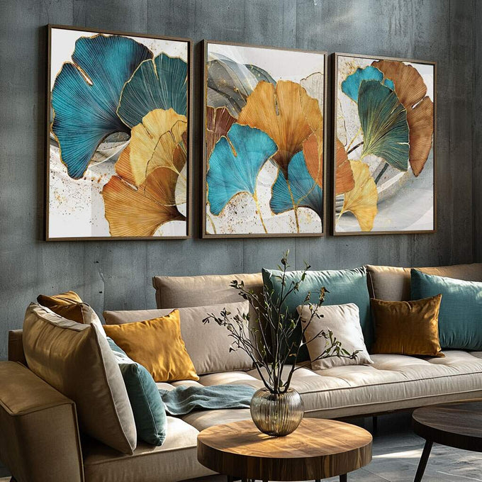 Quadro Decorativo: Renove com Ginkgo Biloba - quadros decorativos para sala 1 Tela Vertical, 3 Telas - em ambiente decorado