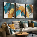 Folhas de ginkgo azul-petróleo, caramelo e douradas com traços dourados em trio de telas, quadro decorativo