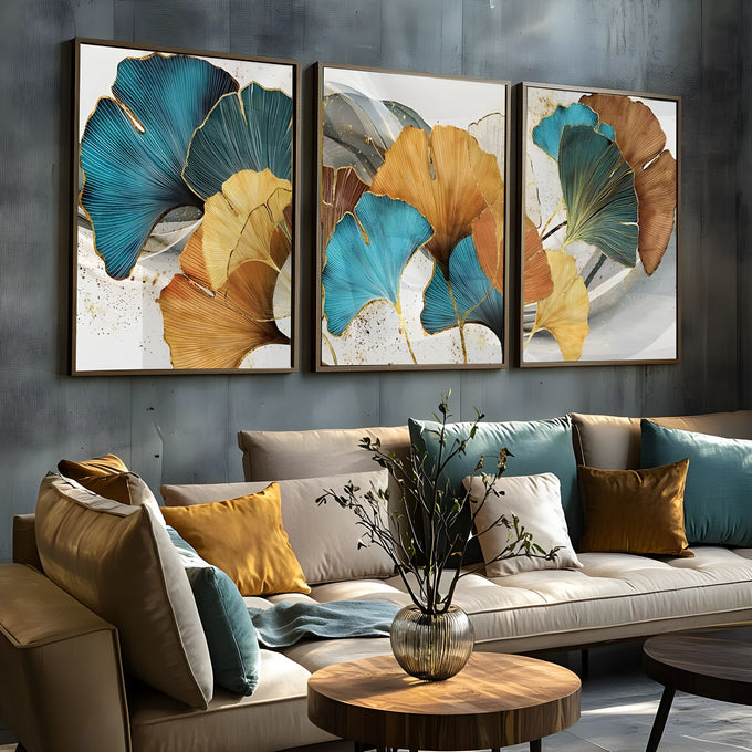 Folhas de ginkgo azul-petróleo, caramelo e douradas com traços dourados em trio de telas, quadro decorativo