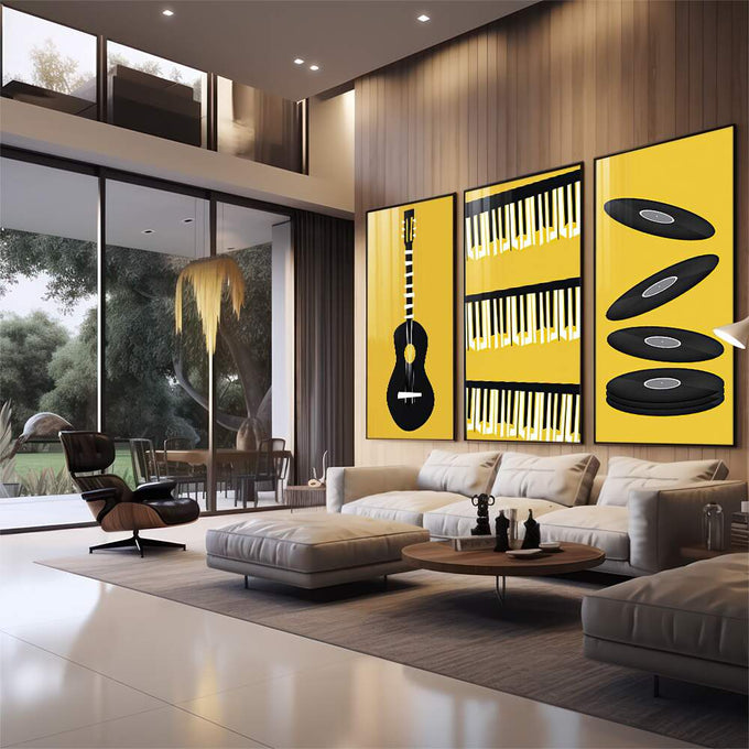 Quadro Decorativo Melodia da Alma em Cores Vibrantes - quadros decorativos 1 Tela Vertical, 3 Telas - em sala moderna