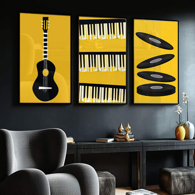 Quadro Decorativo Melodia da Alma em Cores Vibrantes - quadros decorativos para sala 1 Tela Vertical, 3 Telas - em ambiente decorado
