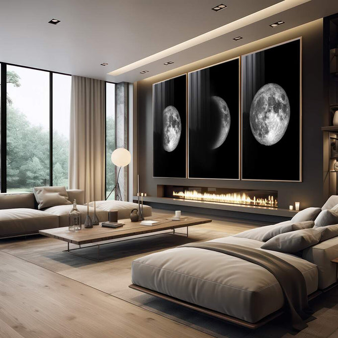 Quadro Decorativo Mistério Lunar: Transforme seu Ambiente - quadros decorativos 1 Tela Vertical, 3 Telas - em escritorio elegante