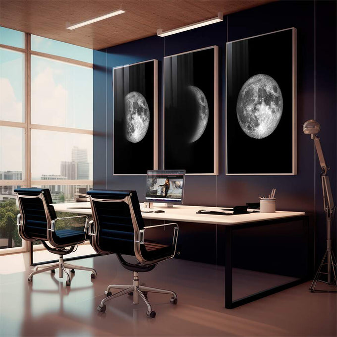 Quadro Decorativo Mistério Lunar: Transforme seu Ambiente - quadros decorativos 1 Tela Vertical, 3 Telas - em sala moderna