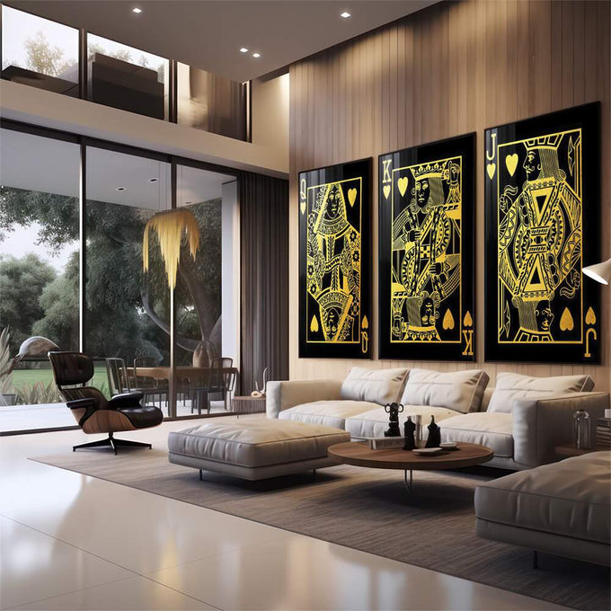 Quadro Decorativo Luxo em Cartas: Toque de Ouro - quadros decorativos 1 Tela Vertical, 3 Telas - em sala moderna