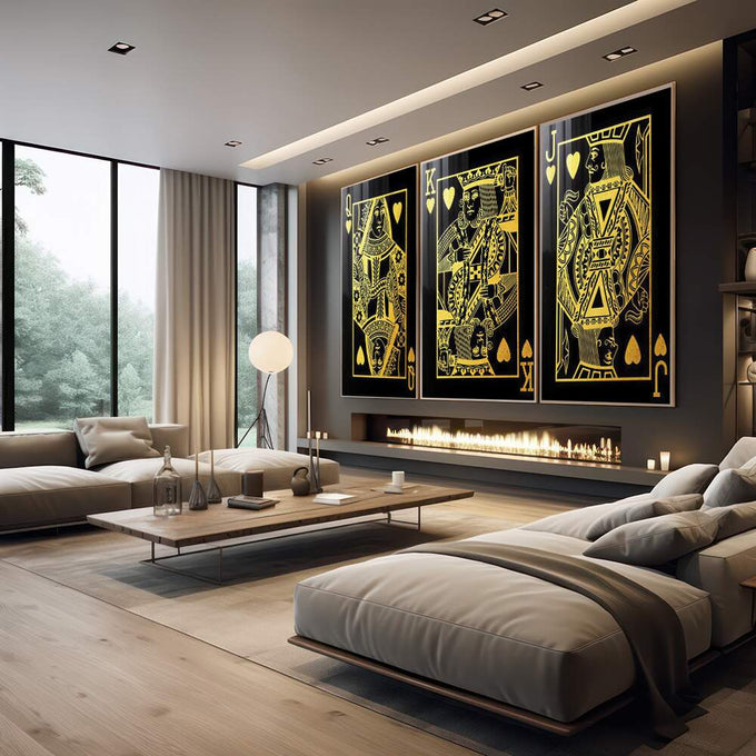 Quadro Decorativo Luxo em Cartas: Toque de Ouro - quadros decorativos para sala 1 Tela Vertical, 3 Telas - em quarto contemporaneo