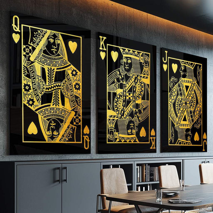 Quadro Decorativo Luxo em Cartas: Toque de Ouro - quadros decorativos para sala 1 Tela Vertical, 3 Telas - em ambiente decorado
