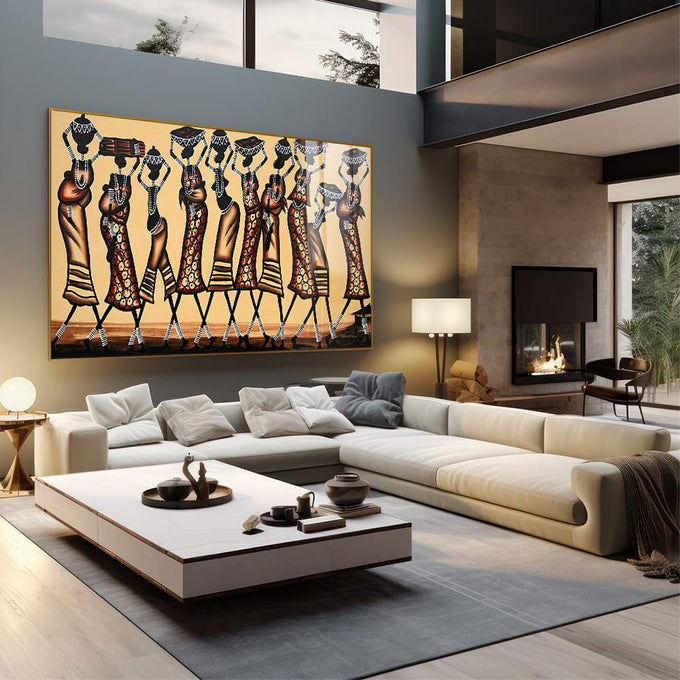 Quadro Decorativo: A Dança da Vida Africana Vibrante - quadros decorativos 1 Tela, 1 Tela Horizontal - em escritorio elegante