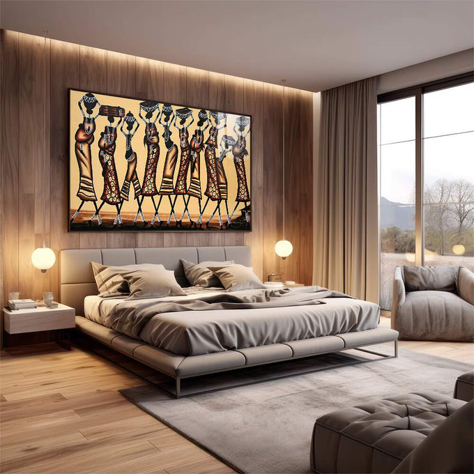 Quadro Decorativo: A Dança da Vida Africana Vibrante - quadros decorativos 1 Tela, 1 Tela Horizontal - em sala moderna
