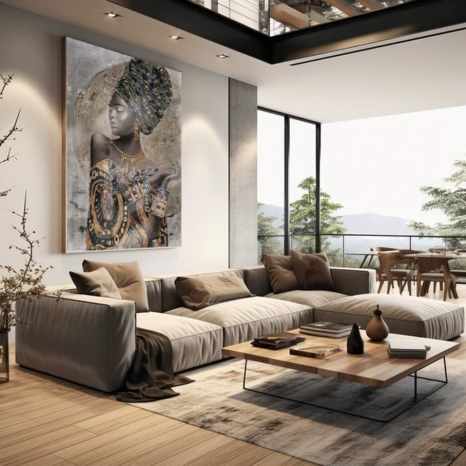 Quadro Decorativo Elegância Africana: Beleza Única - quadros decorativos para sala 1 Tela Vertical, 3 Telas - em living room premium
