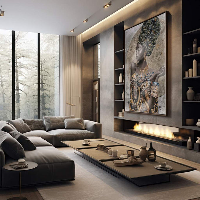 Quadro Decorativo Elegância Africana: Beleza Única - quadros decorativos 1 Tela Vertical, 3 Telas - em sala moderna