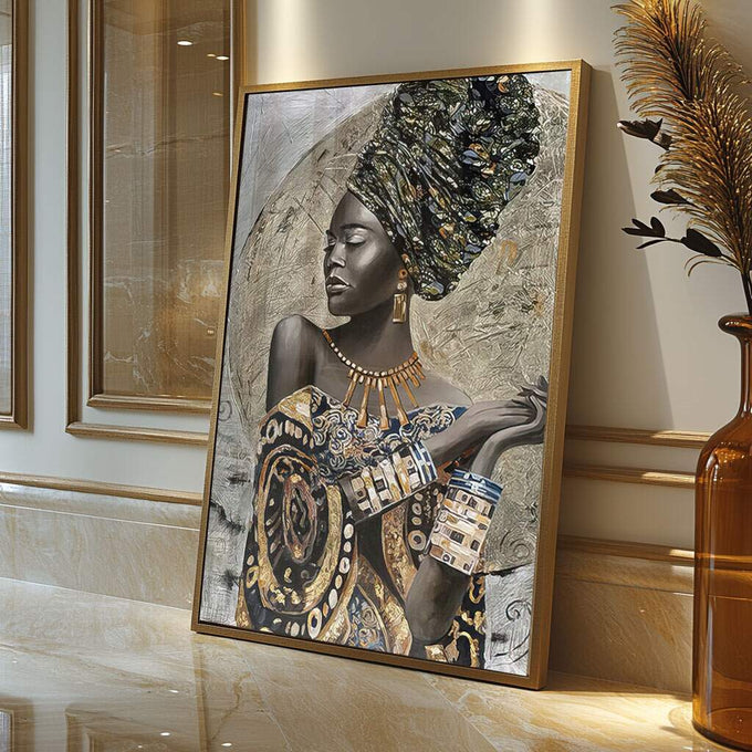 Quadro Decorativo Elegância Africana: Beleza Única - quadros decorativos para sala 1 Tela Vertical, 3 Telas - em ambiente decorado