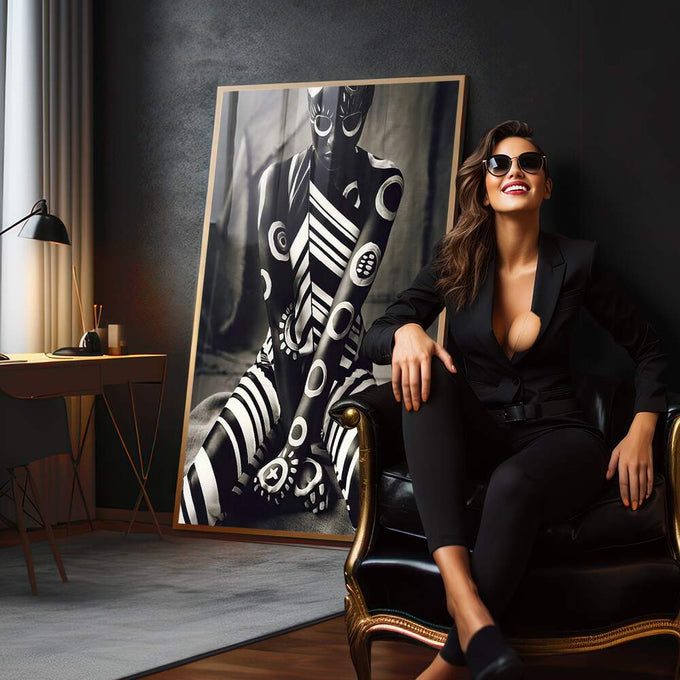 Quadro Decorativo Elegante Mulher em Monocromático - quadros decorativos 1 Tela Vertical, 3 Telas - em sala moderna