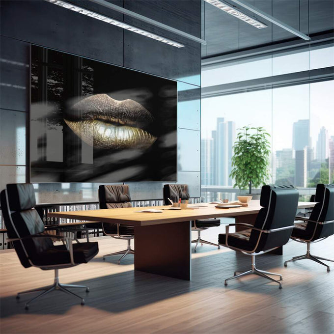 Quadro Decorativo Arte Moderna - Lábios Dourados Luxuosos - quadros decorativos para sala 1 Tela, 1 Tela Horizontal - em living room premium