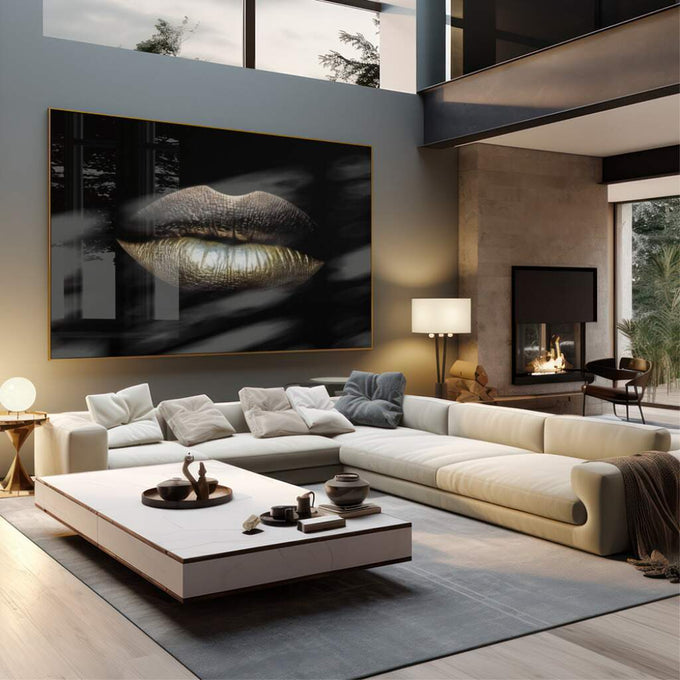 Quadro Decorativo Arte Moderna - Lábios Dourados Luxuosos - quadros decorativos 1 Tela, 1 Tela Horizontal - em escritorio elegante