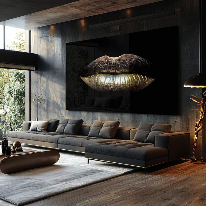 Quadro Decorativo Arte Moderna - Lábios Dourados Luxuosos - quadros decorativos para sala 1 Tela, 1 Tela Horizontal - em ambiente decorado