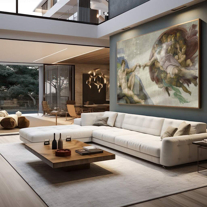 Quadro Decorativo A Criação de Adão - Toque Divino e Arte Única - quadros decorativos para sala 1 Tela, 1 Tela Horizontal - em living room premium