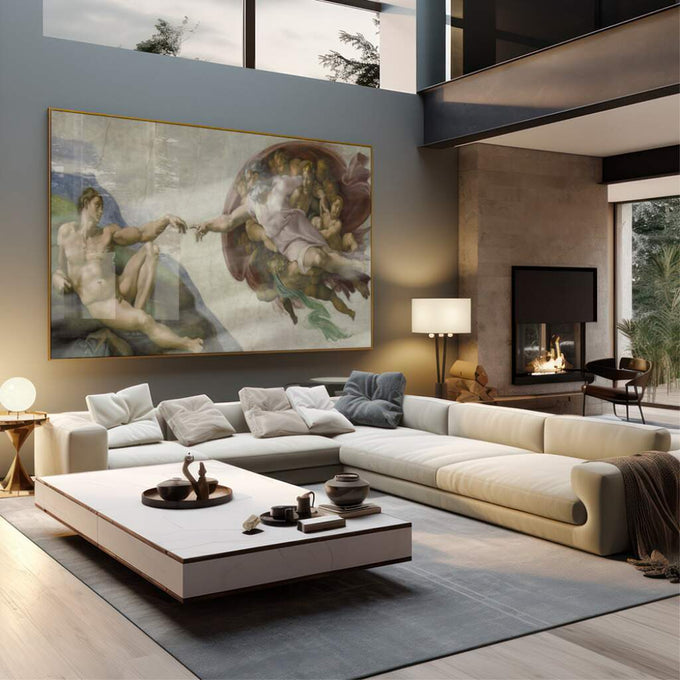 Quadro Decorativo A Criação de Adão - Toque Divino e Arte Única - quadros decorativos 1 Tela, 1 Tela Horizontal - em sala moderna