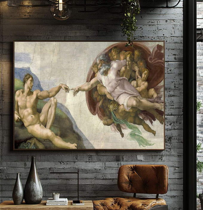 Quadro Decorativo A Criação de Adão - Toque Divino e Arte Única - quadros decorativos para sala 1 Tela, 1 Tela Horizontal - em ambiente decorado