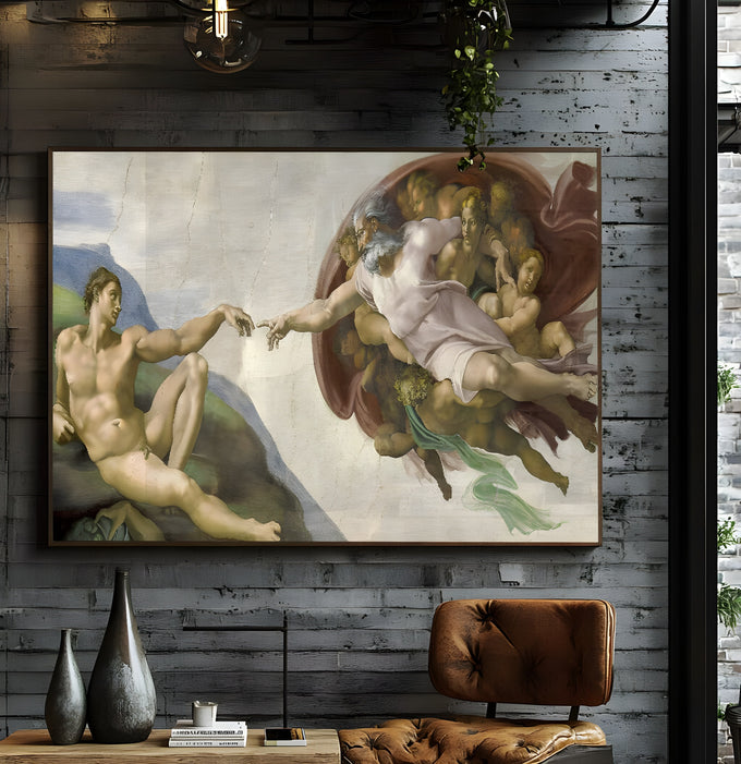 Afresco de Michelangelo com Deus estendendo a mão para Adão entre anjos, tons bege, quadro decorativo