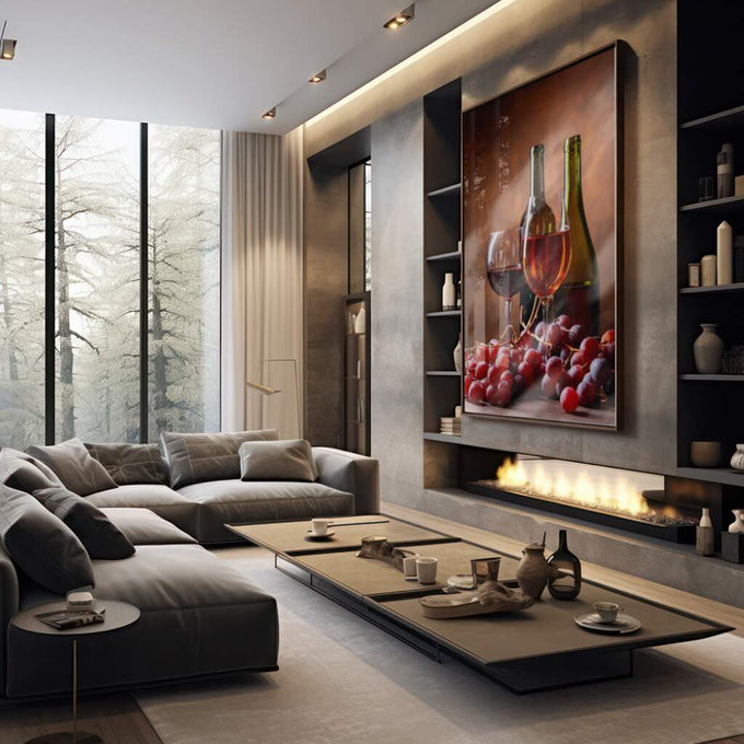 Quadro Decorativo Celebração Vinícola: Expressão de Sabor - quadros decorativos 1 Tela Vertical, 3 Telas - em sala moderna