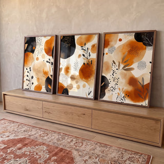 Quadro Decorativo Tripartite de Tons Terrosos para Ambientes Sofisticados em ambiente decorado - quadros decorativos para sala