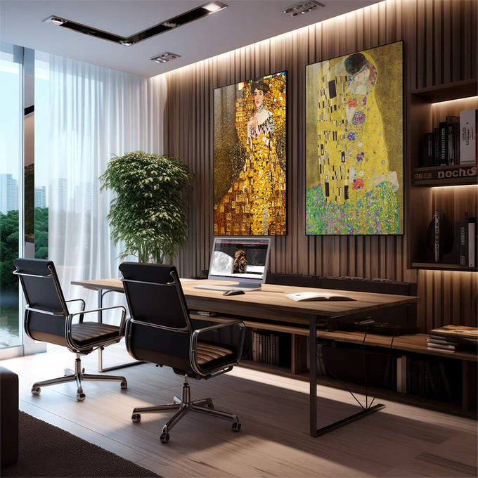 Quadro Decorativo: Luxo de Gustav Klimt em Sua Pureza - quadros decorativos para sala 2 Telas, Amarelo - em quarto contemporaneo