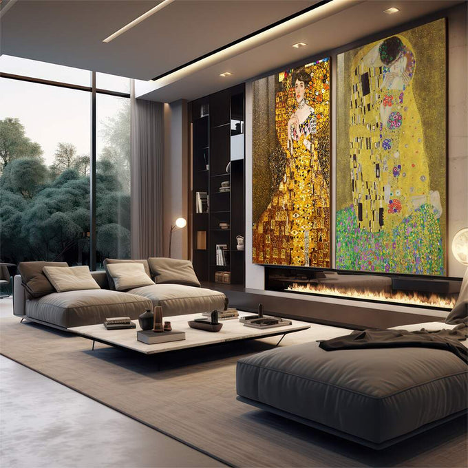 Quadro Decorativo: Luxo de Gustav Klimt em Sua Pureza - quadros decorativos para sala 2 Telas, Amarelo - em living room premium