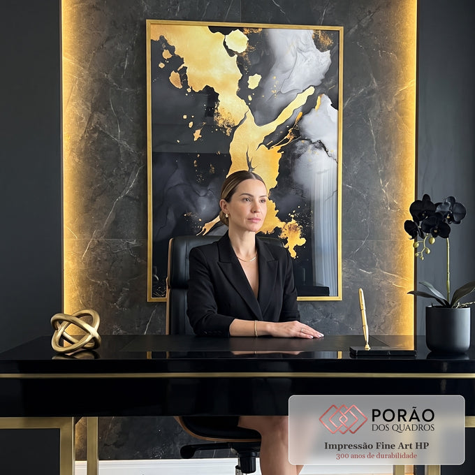 Quadro Decorativo Abstrato Luxuoso em Dourado e Preto Transforme Seu Ambiente em escritorio moderno - quadros decorativos para sala