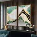 Montanhas abstratas em verde, branco e mármore preto com contornos dourados e pássaros, quadro decorativo