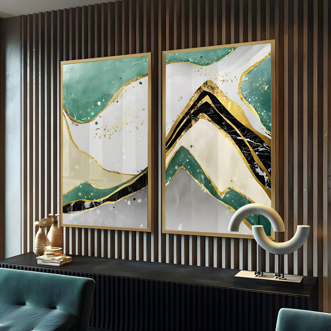 Montanhas abstratas em verde, branco e mármore preto com contornos dourados e pássaros, quadro decorativo