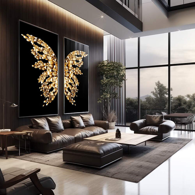 Quadro Decorativo Luxo: Asas de Borboleta Douradas - quadros decorativos 2 Telas, arte abstrata - em sala moderna