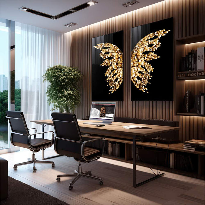 Quadro Decorativo Luxo: Asas de Borboleta Douradas - quadros decorativos para sala 2 Telas, arte abstrata - em quarto contemporaneo