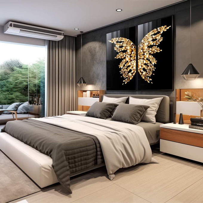 Quadro Decorativo Luxo: Asas de Borboleta Douradas - quadros decorativos 2 Telas, arte abstrata - em escritorio elegante