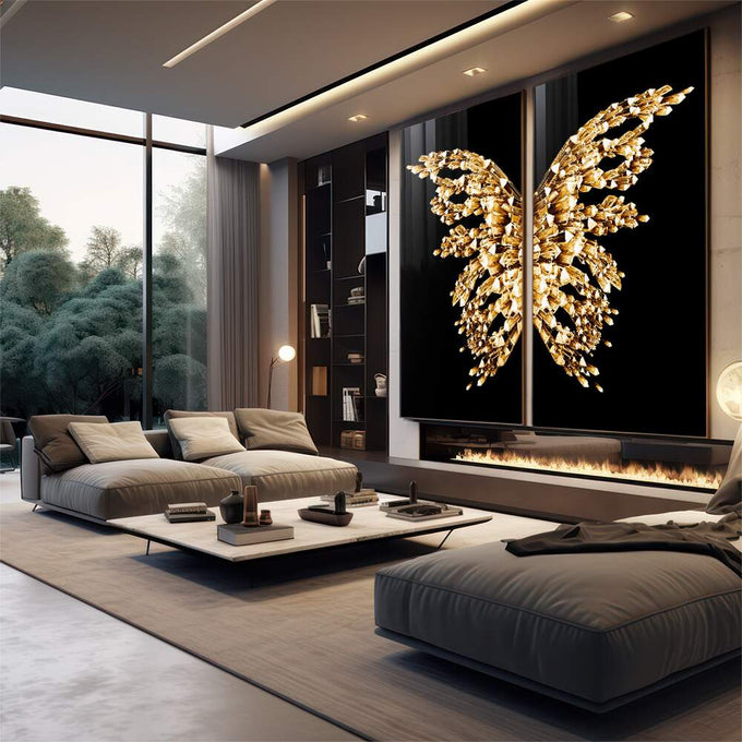 Quadro Decorativo Luxo: Asas de Borboleta Douradas - quadros decorativos para sala 2 Telas, arte abstrata - em living room premium