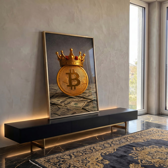 Quadro Decorativo Bitcoin: Poder e Luxo em ambiente decorado - quadros decorativos para sala