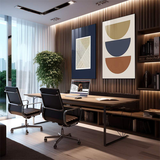 Quadro Decorativo Inspiração Moderna: Azul, Bege e Marrom - quadros decorativos para sala 2 Telas, abstrato geométrico - em quarto contemporaneo