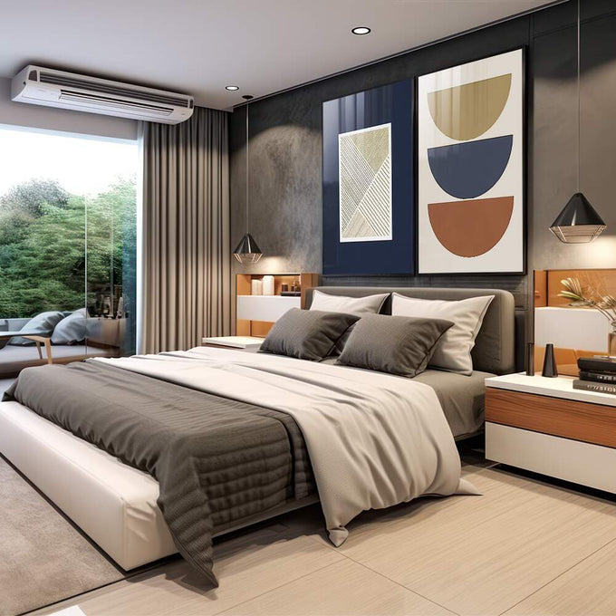 Quadro Decorativo Inspiração Moderna: Azul, Bege e Marrom - quadros decorativos 2 Telas, abstrato geométrico - em escritorio elegante