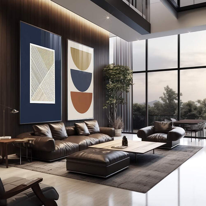 Quadro Decorativo Inspiração Moderna: Azul, Bege e Marrom - quadros decorativos 2 Telas, abstrato geométrico - em sala moderna