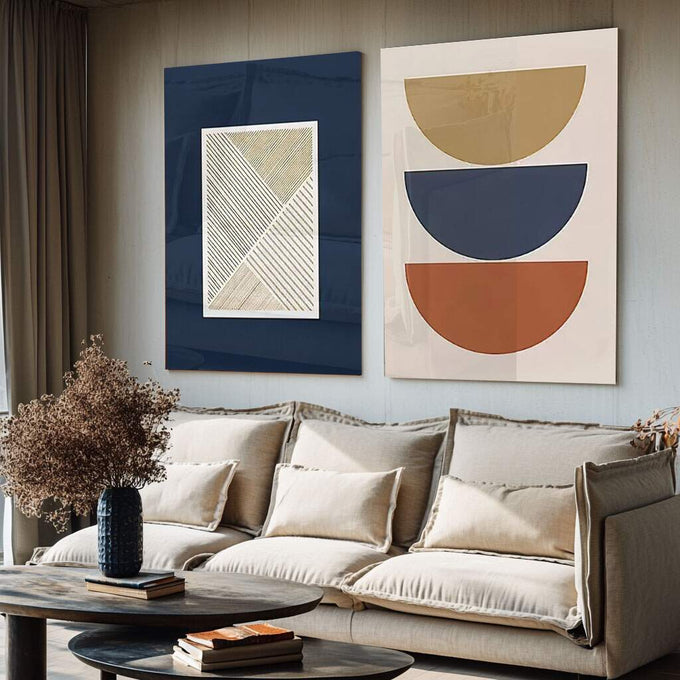 Quadro Decorativo Inspiração Moderna: Azul, Bege e Marrom - quadros decorativos para sala 2 Telas, abstrato geométrico - em ambiente decorado
