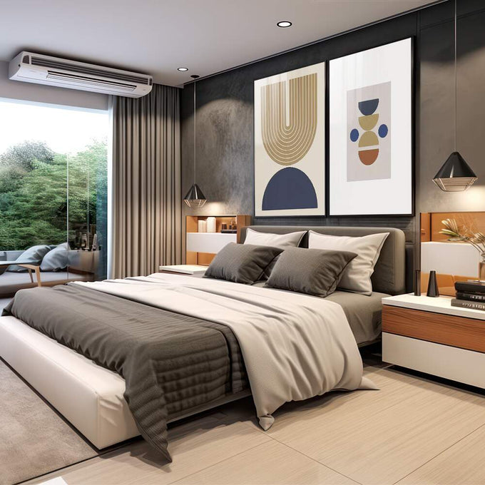 Quadro Decorativo: Harmonia Geométrica Única e Vibrante - quadros decorativos 2 Telas, Abstratos e Geométricos - em sala moderna
