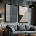 Duas telas com formas geométricas em cinza, preto e branco com faixas amarelas, quadro decorativo