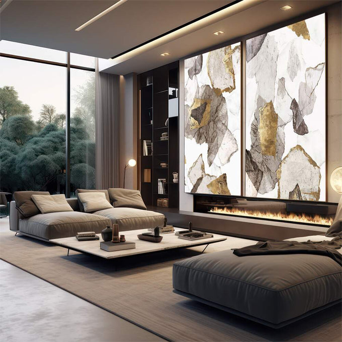 Quadro Decorativo Abstração Ouro e Branco Toque Luxuoso - quadros decorativos para sala 2 Telas, abstrato - em quarto contemporaneo
