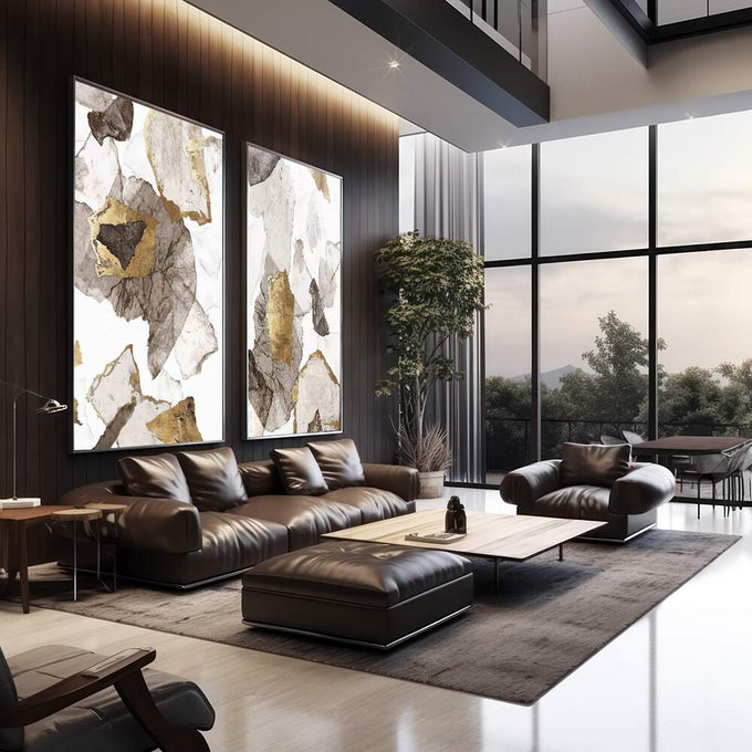 Quadro Decorativo Abstração Ouro e Branco Toque Luxuoso - quadros decorativos 2 Telas, abstrato - em escritorio elegante