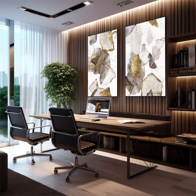 Quadro Decorativo Abstração Ouro e Branco Toque Luxuoso - quadros decorativos para sala 2 Telas, abstrato - em living room premium