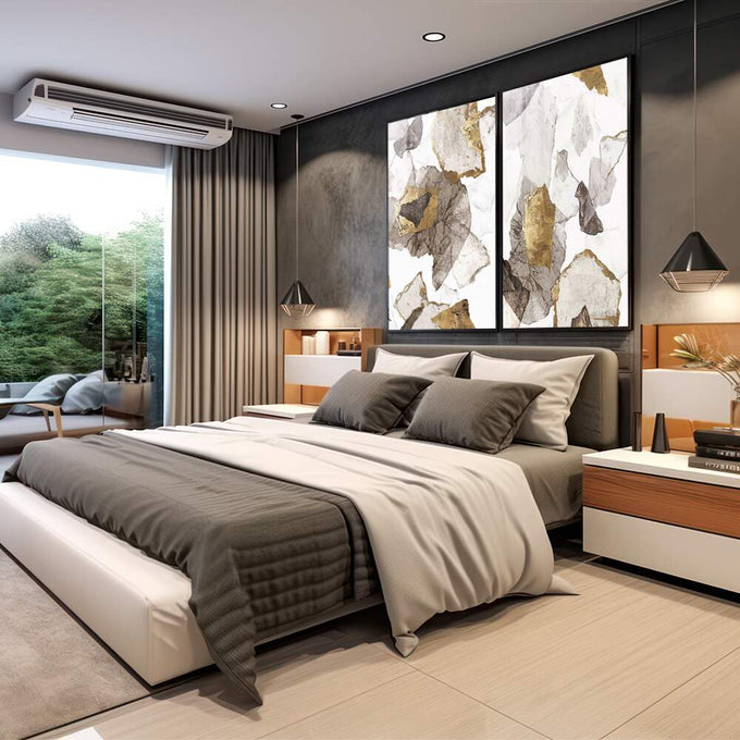 Quadro Decorativo Abstração Ouro e Branco Toque Luxuoso - quadros decorativos 2 Telas, abstrato - em sala moderna