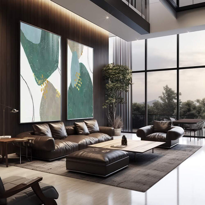 Quadro Decorativo Abstração Ouro Verde: Toque Único - quadros decorativos 2 Telas, Abstratos e Geométricos - em escritorio elegante