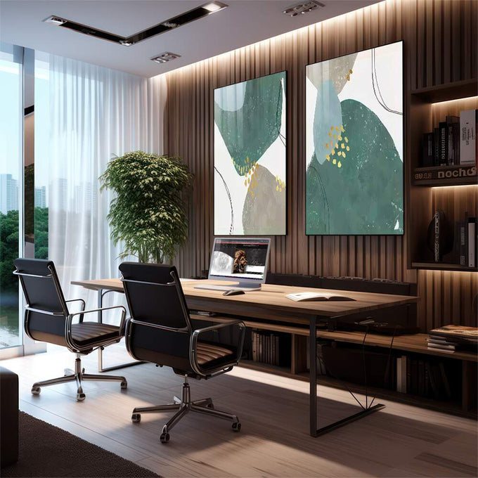 Quadro Decorativo Abstração Ouro Verde: Toque Único - quadros decorativos para sala 2 Telas, Abstratos e Geométricos - em living room premium