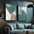 Quadro Decorativo Abstração Ouro Verde: Toque Único - quadros decorativos para sala 2 Telas, Abstratos e Geométricos - em ambiente decorado