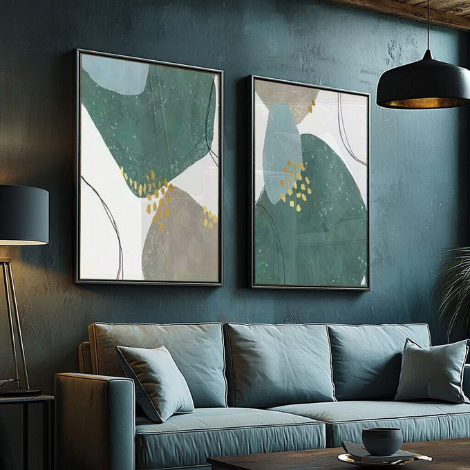 Quadro Decorativo Abstração Ouro Verde: Toque Único - quadros decorativos para sala 2 Telas, Abstratos e Geométricos - em ambiente decorado